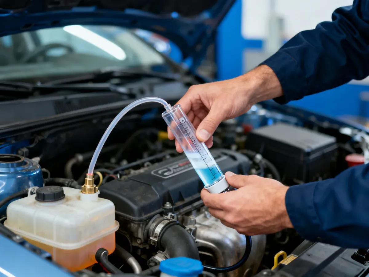 Mechanik wykonujący test CO2 w układzie chłodzenia samochodu