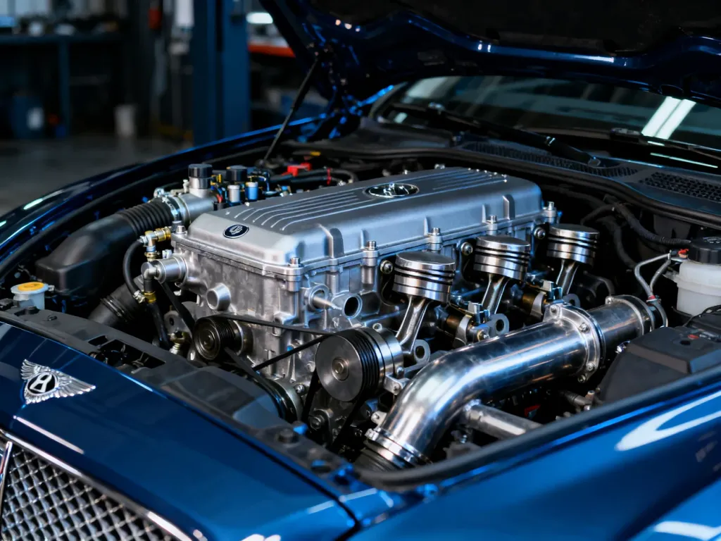 Zbliżenie na nowoczesny silnik V8 TDI z widocznymi detalami konstrukcyjnymi jednostki napędowej.