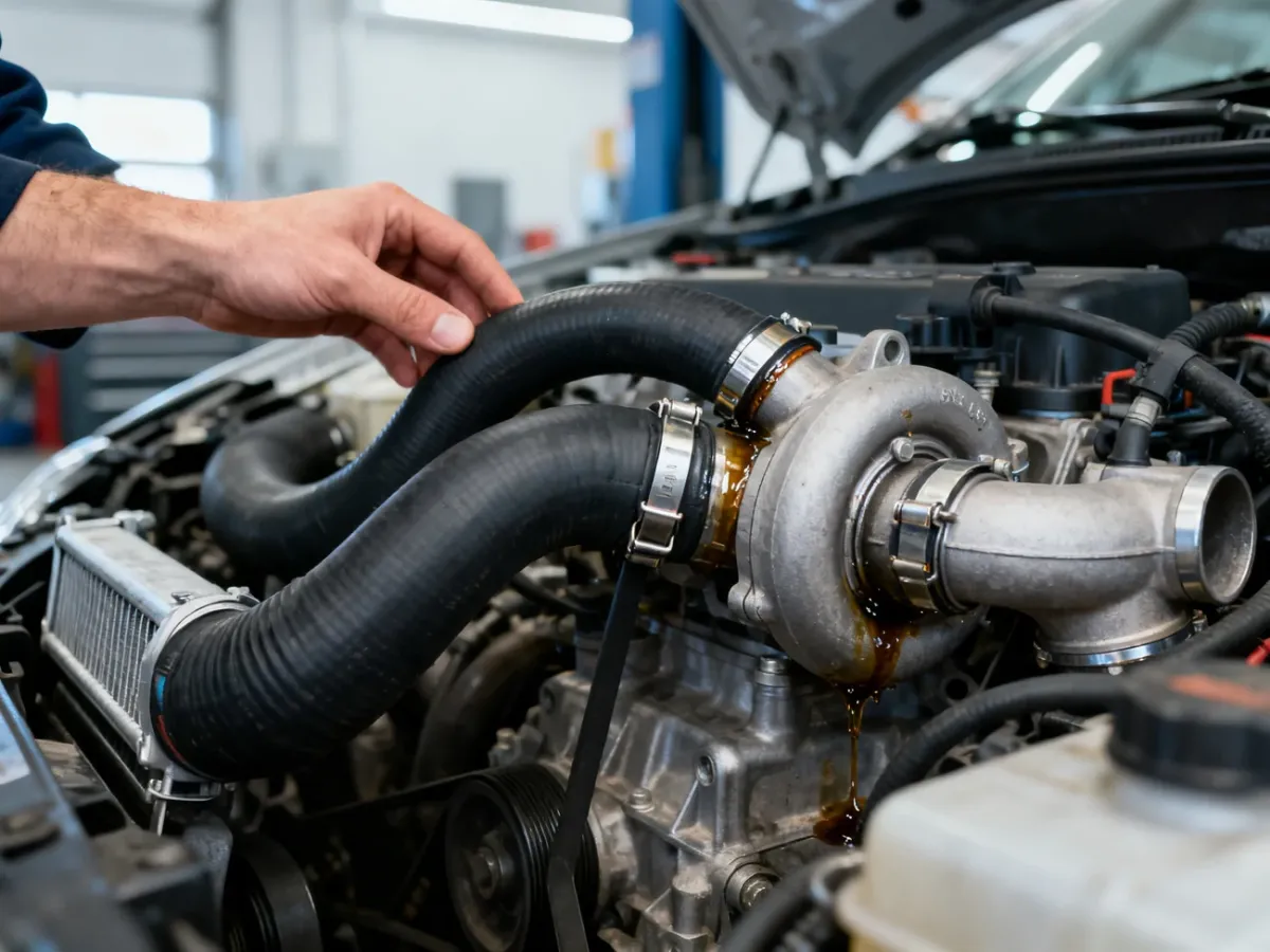 Mechanik sprawdzający przewody dolotowe i połączenia intercoolera w silniku turbo