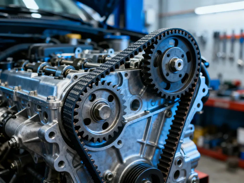 Zbliżenie na pasek rozrządu i elementy mechaniczne silnika 1.5 Ecoboost w profesjonalnym warsztacie samochodowym.