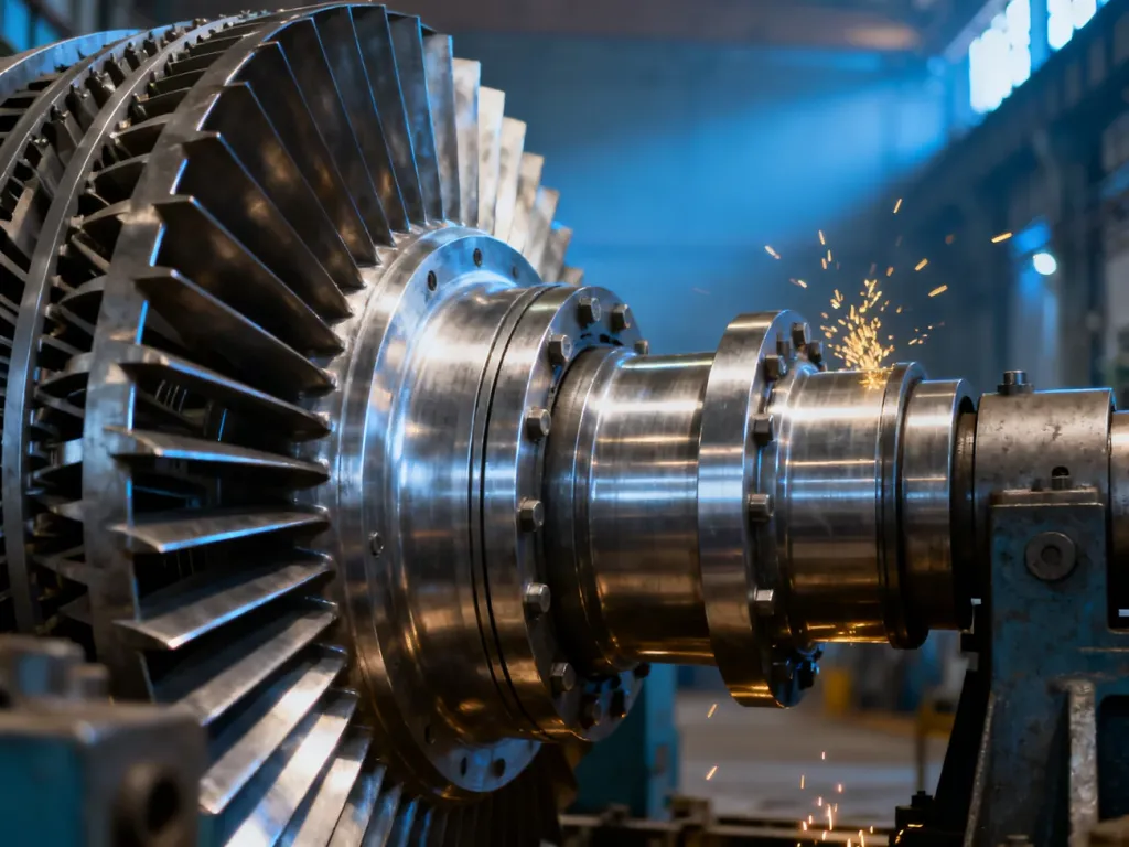 Zbliżenie na precyzyjnie wykonany wirnik turbiny parowej o metalicznej fakturze wewnątrz nowoczesnej elektrowni.