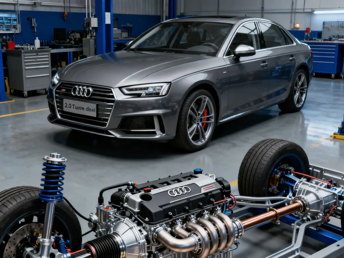Techniczny widok silnika 2.0 TDI z turbodoładowaniem w samochodzie Audi