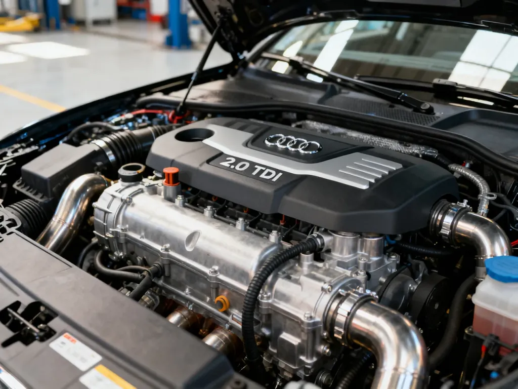 Widok na nowoczesny silnik 2.0 TDI common rail z wyraźnie widocznymi przewodami i osłoną jednostki napędowej.