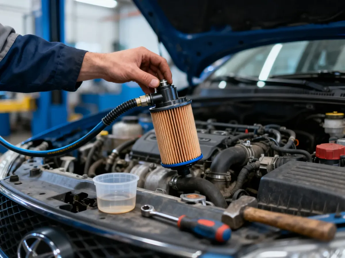 Mechanik wymienia filtr paliwa w komorze silnika