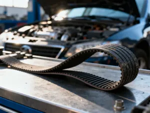 Zdemontowane koło dwumasowe z widocznymi sprężynami na warsztatowym stole, ukazujące skomplikowaną budowę mechanizmu.