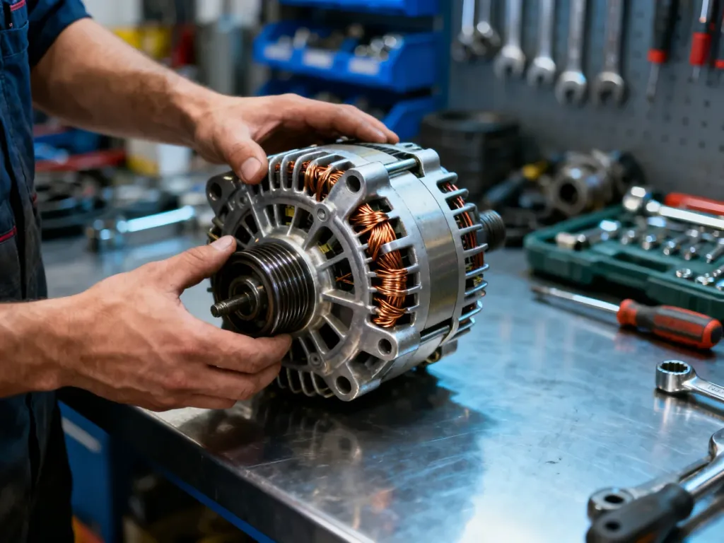 Mechanik trzymający w dłoniach zdemontowany alternator na uporządkowanym warsztacie samochodowym.