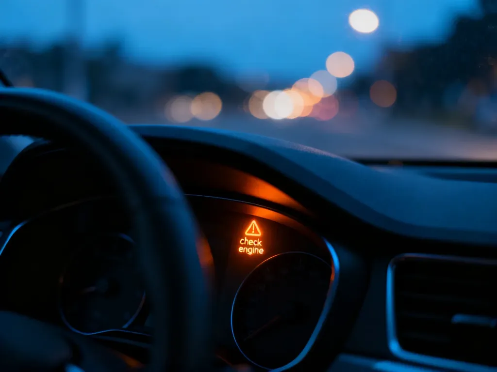 Świecąca na pomarańczowo kontrolka „check engine” na desce rozdzielczej samochodu w wieczornej scenerii.