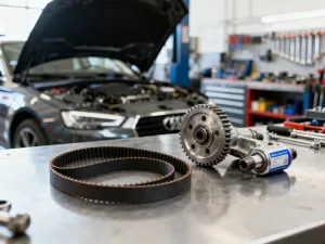 Zbliżenie na precyzyjnie wykonane łopatki wirnika i obudowę nowoczesnej turbosprężarki samochodowej na stole warsztatowym.