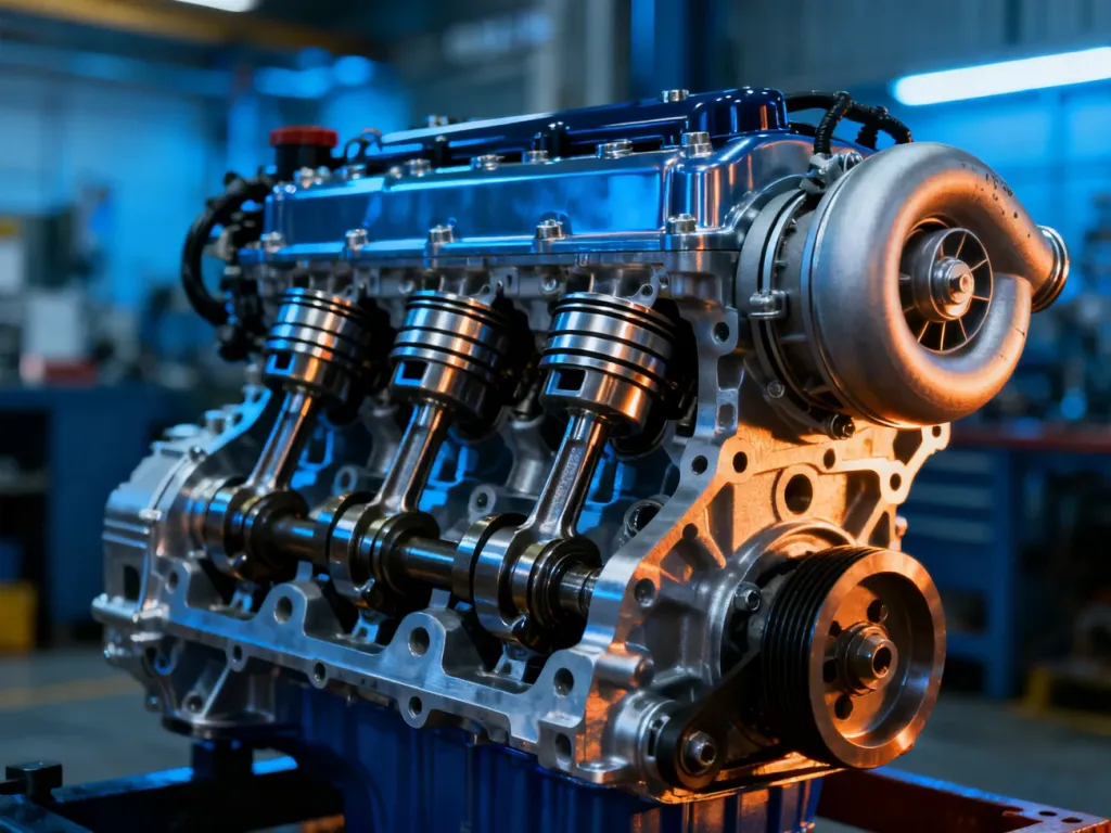 Nowoczesny blok silnika TSI z widocznym turbodoładowaniem i precyzyjnymi komponentami mechanicznymi.