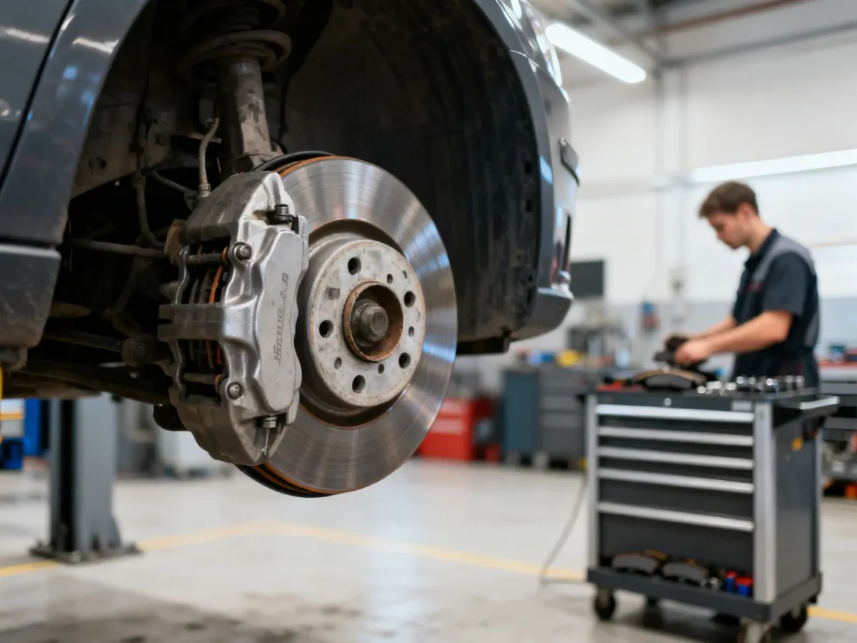 Mechanik wymieniający tarczę i klocki hamulcowe w samochodzie