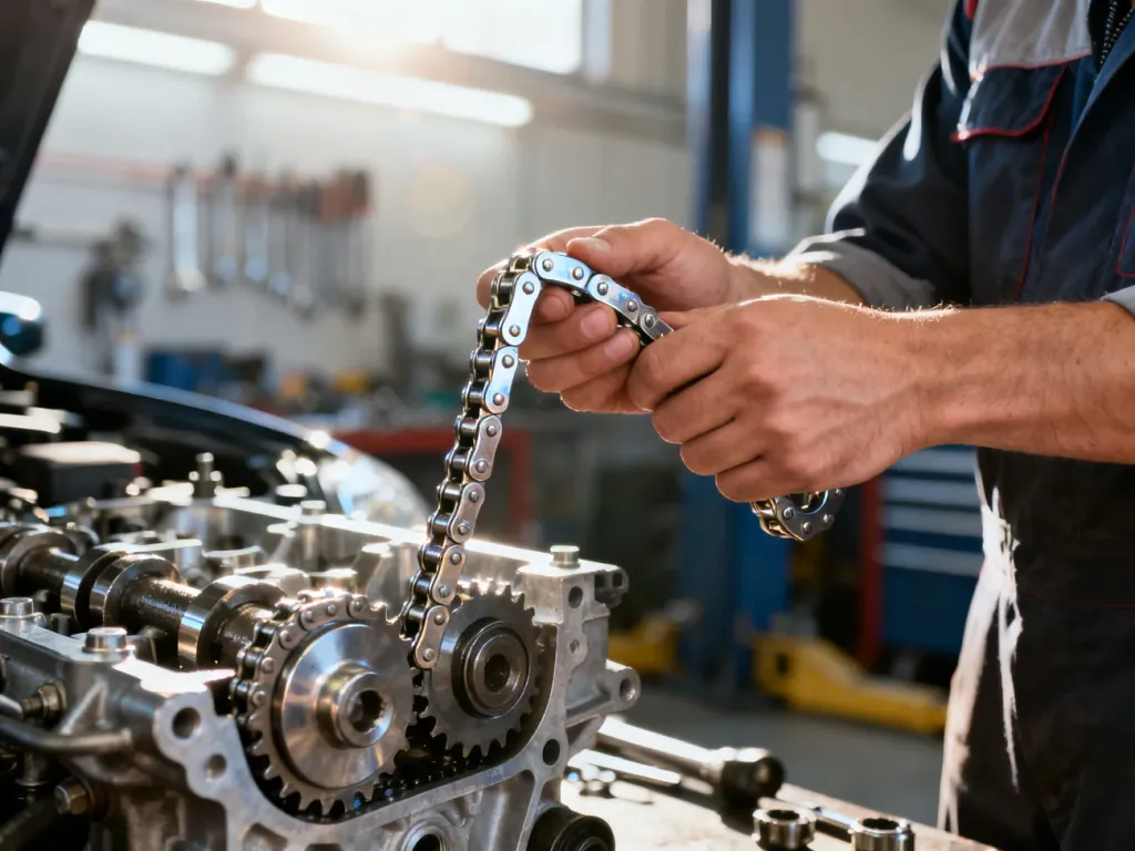 Dłoń mechanika trzymająca metalowe ogniwo łańcucha rozrządu na tle warsztatu samochodowego.