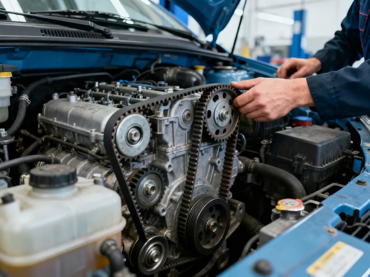 Mechanik sprawdzający układ rozrządu w silniku samochodu