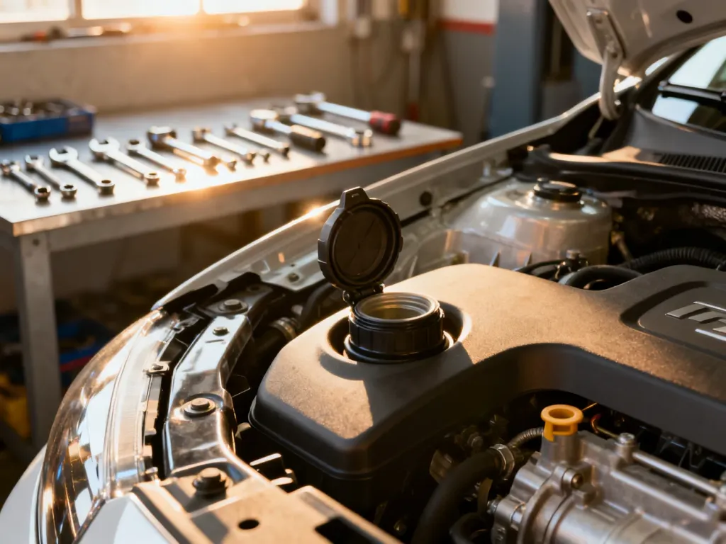 Otwarty wlew oleju w nowoczesnym silniku samochodowym oraz uporządkowane narzędzia mechanika w tle.