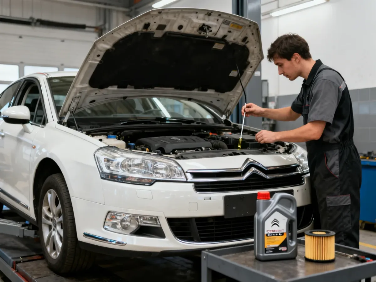 Mechanik sprawdza poziom oleju w silniku Citroena C5