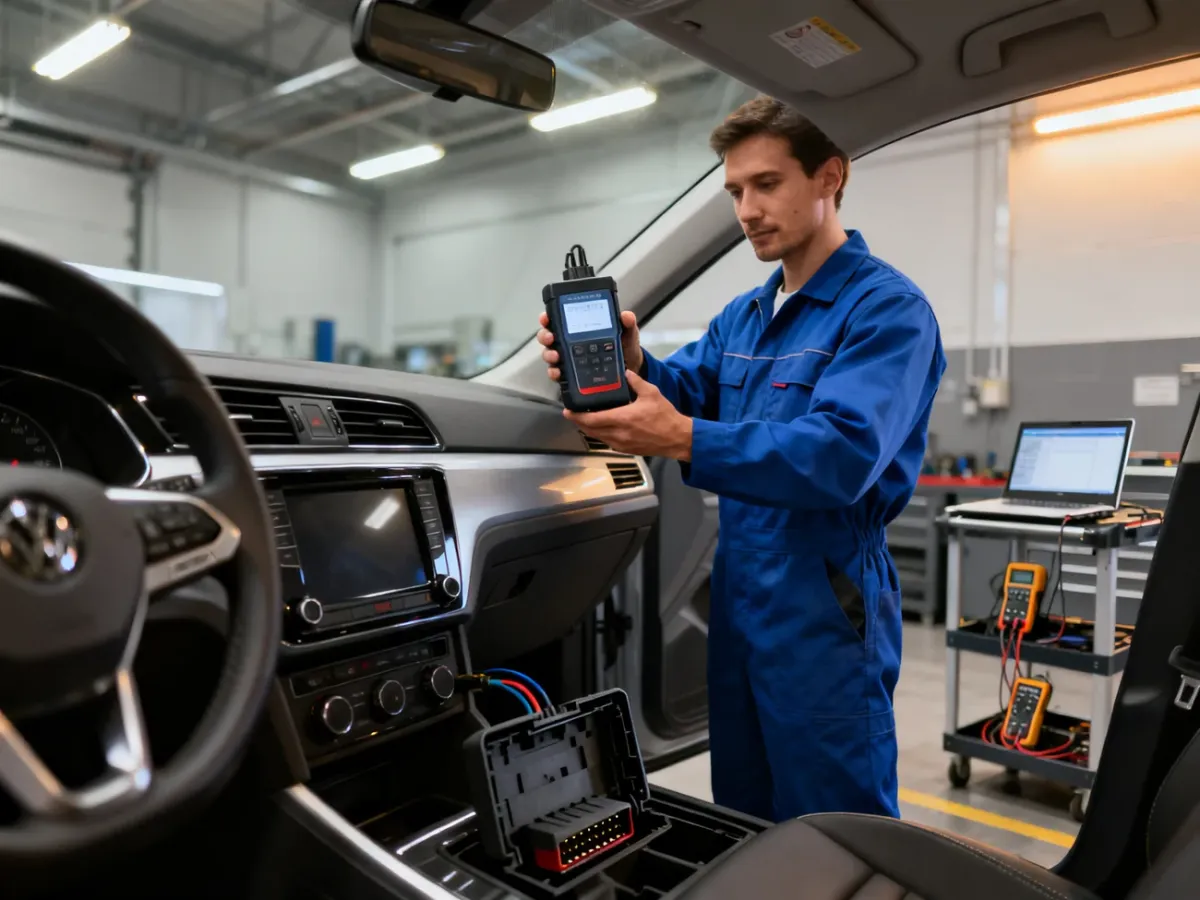 Mechanik podłączający skaner diagnostyczny OBD-II do samochodu w warsztacie