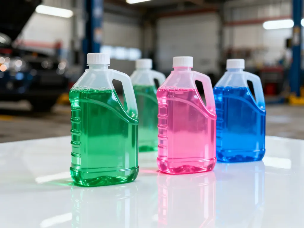 Plastikowe kanistry z kolorowymi płynami chłodniczymi ustawione na białym tle, obrazujące różnorodność produktów motoryzacyjnych.