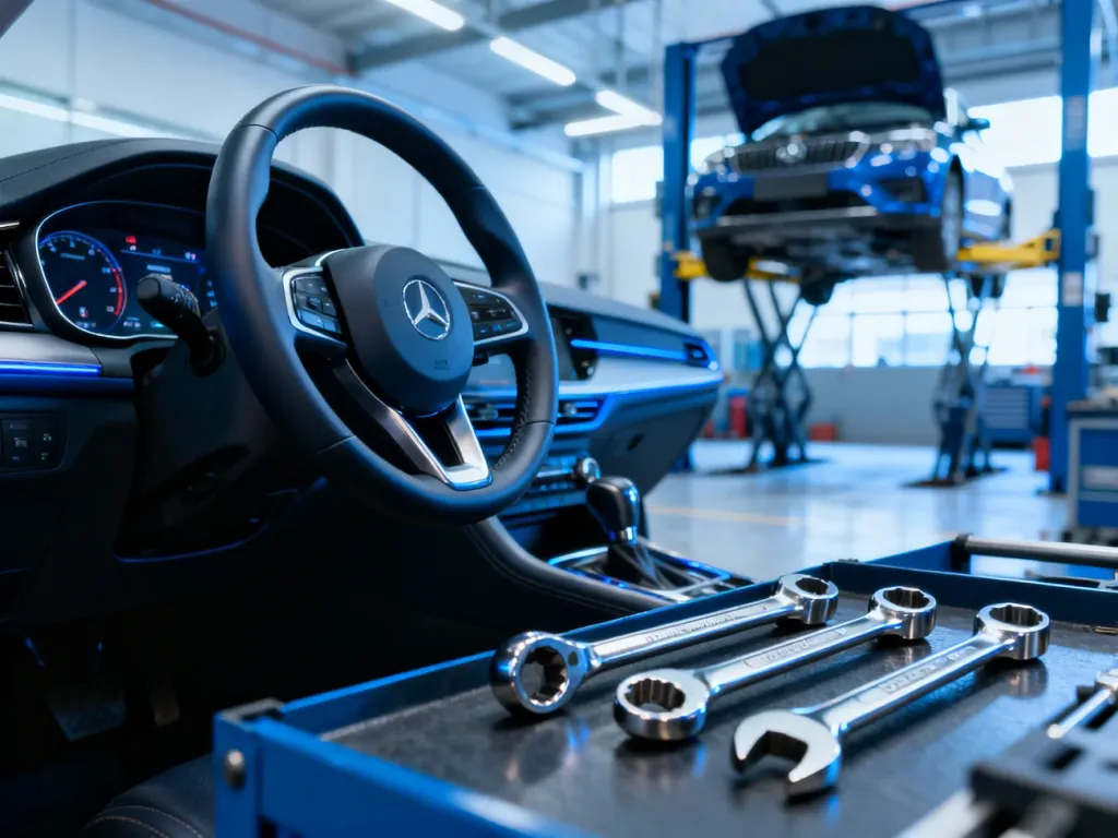 Wnętrze nowoczesnego samochodu w warsztacie mechanicznym z zestawem profesjonalnych narzędzi na pierwszym planie.