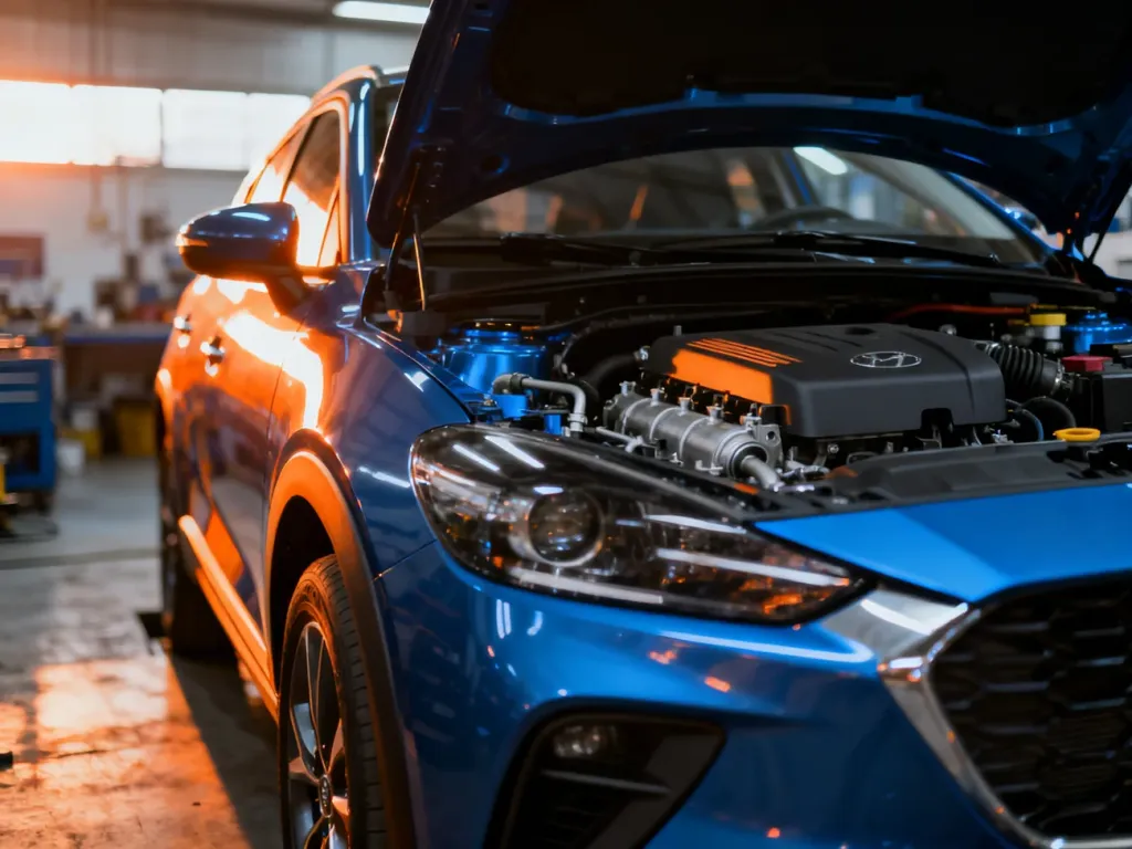 Nowoczesny silnik benzynowy pod maską Renault Captur w profesjonalnym warsztacie samochodowym.