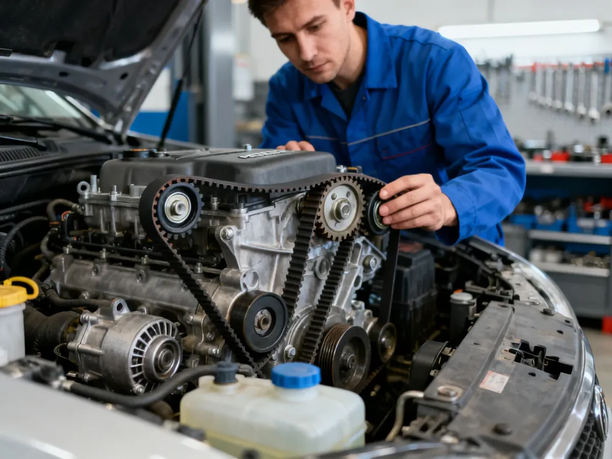 Mechanik sprawdza pasek rozrządu i jego elementy w silniku Diesla