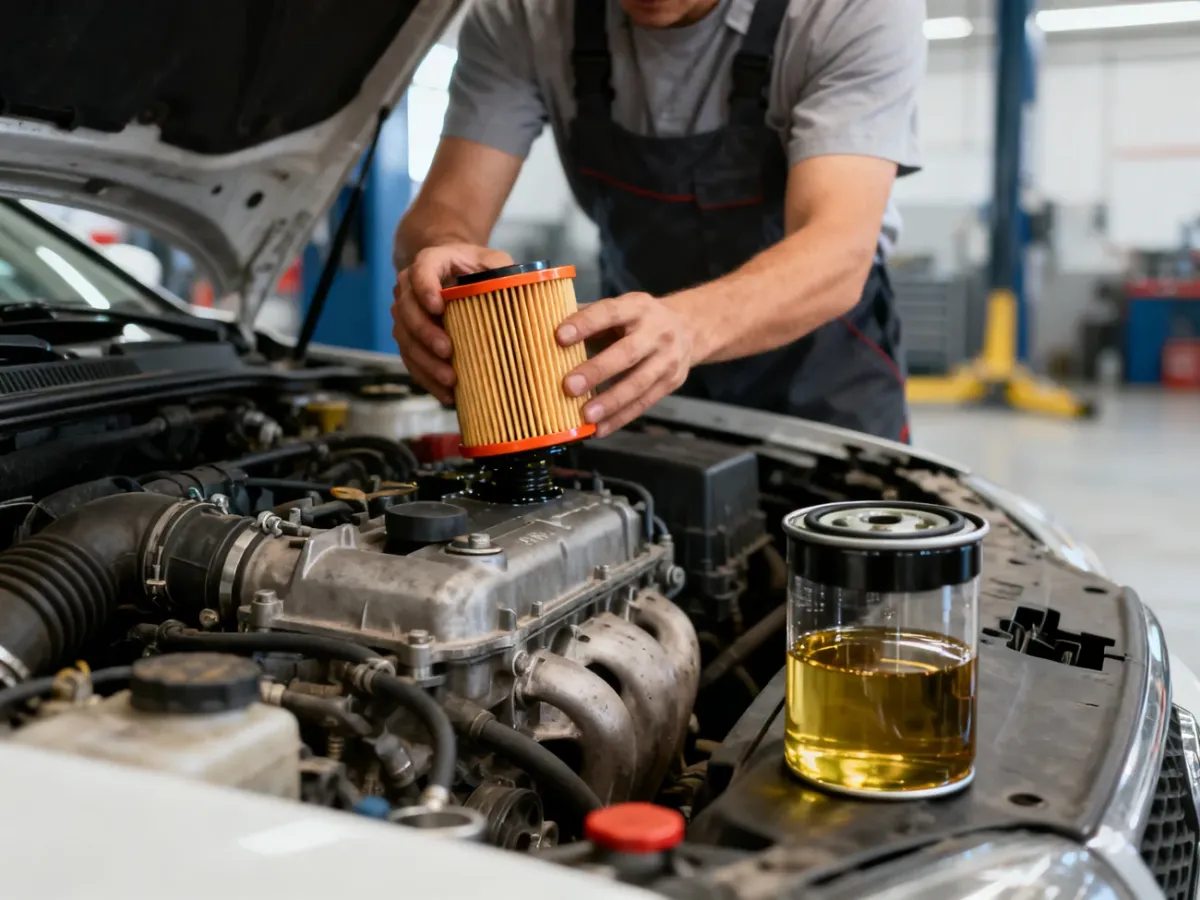 Mechanik wymieniający filtr oleju w samochodzie