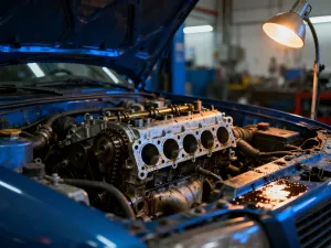 Zbliżenie na pasek rozrządu i elementy mechaniczne silnika 1.5 Ecoboost w profesjonalnym warsztacie samochodowym.