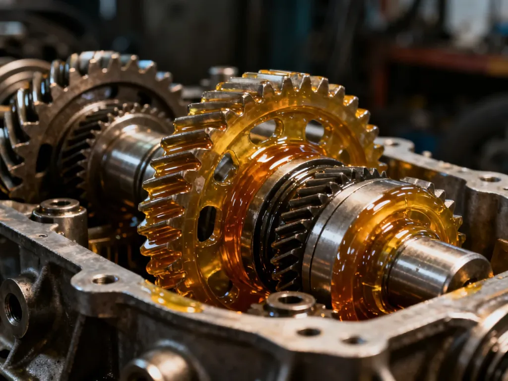 Zbliżenie na precyzyjny mechanizm przekładniowy pokryty warstwą złotego oleju przekładniowego.