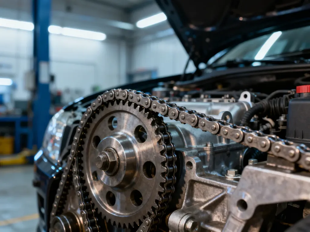 Zbliżenie na mechanizm łańcucha rozrządu w nowoczesnym silniku samochodowym w profesjonalnym warsztacie.