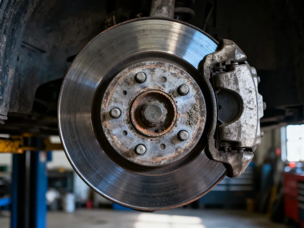 Zużyta tarcza hamulcowa z widocznym pyłem metalicznym, obrazująca stan techniczny układu hamulcowego samochodu.