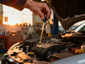Mechanik trzymający butelkę oleju silnikowego przy otwartej masce samochodu, gotowy do wymiany płynów eksploatacyjnych.