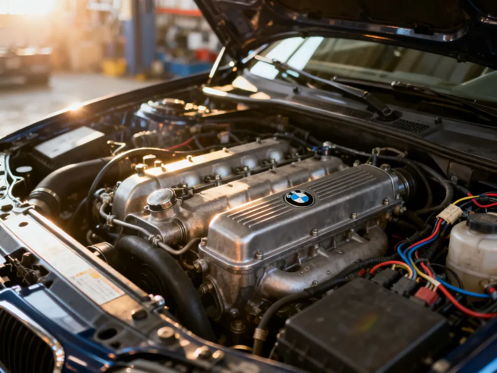 Otwarta komora silnika BMW E46 z widocznymi podzespołami mechanicznymi i instalacją elektryczną w warsztacie.