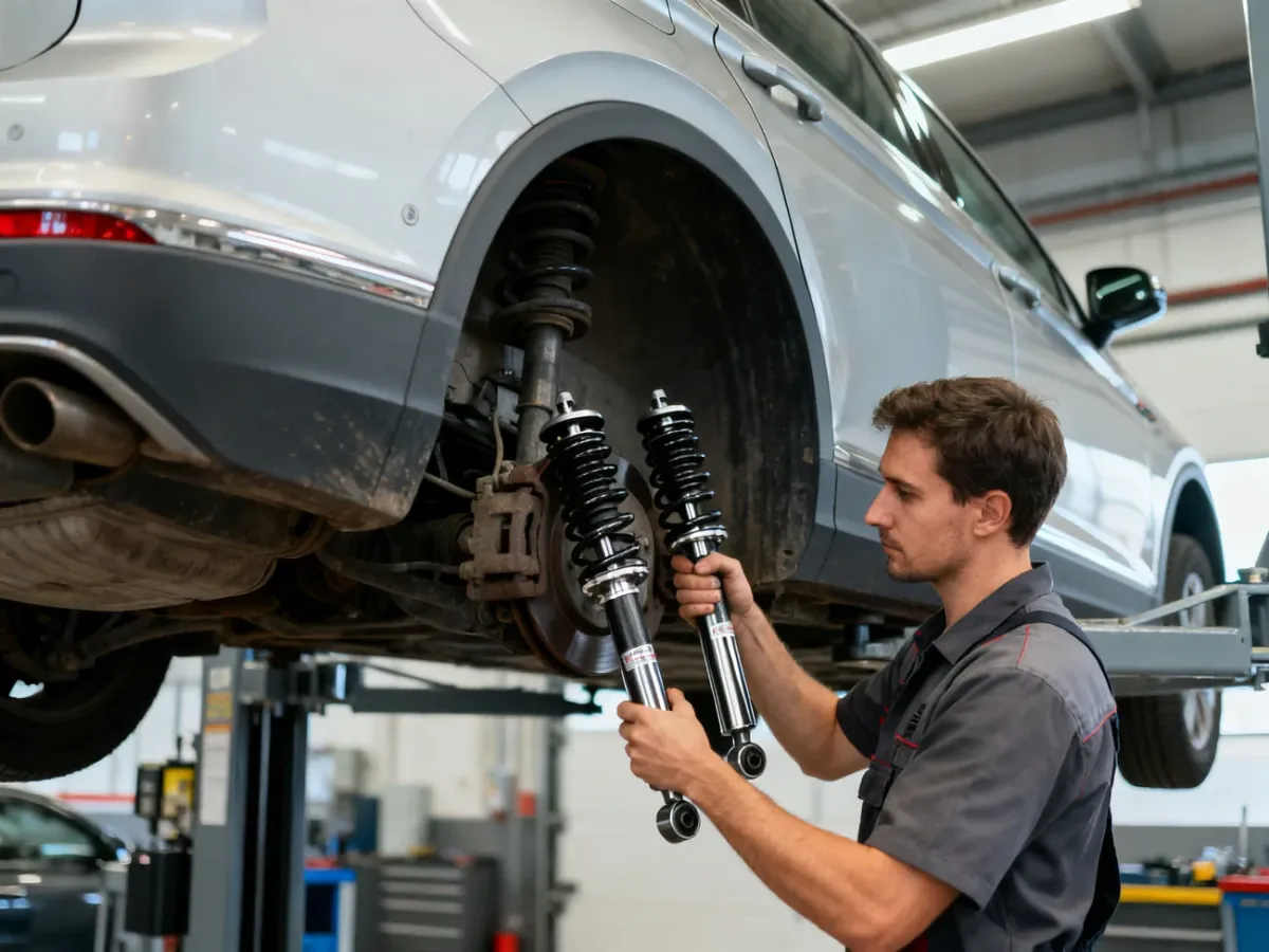 Mechanik wymieniający amortyzatory w samochodzie na podnośniku