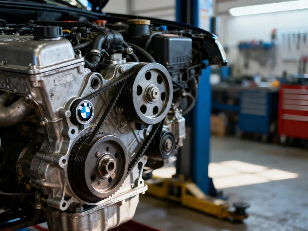 Zbliżenie na przednią część bloku silnika BMW E46 w okolicy koła pasowego wału korbowego.