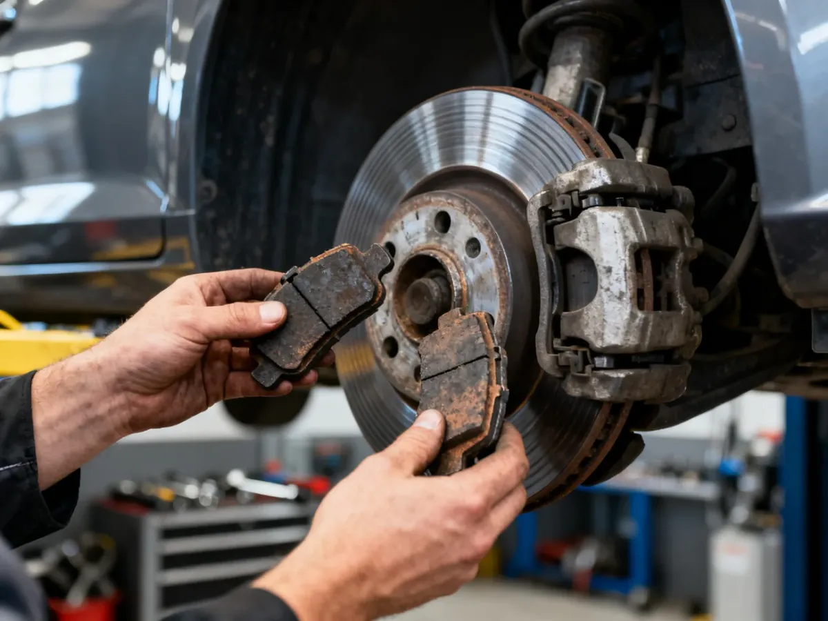 Mechanik kontrolujący zużyte klocki i tarczę hamulcową