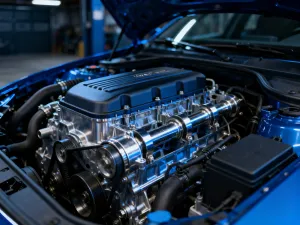 Mechanik dokręca śrubę przy tarczy hamulcowej za pomocą klucza, przygotowując nowe klocki do montażu.