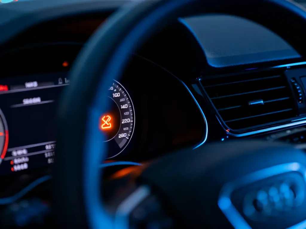 Świecąca na pomarańczowo kontrolka „check engine” na desce rozdzielczej nowoczesnego samochodu w nocy.