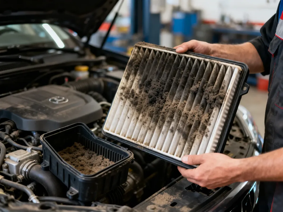 Mechanik oglądający mocno zabrudzony filtr powietrza w otwartej obudowie silnika