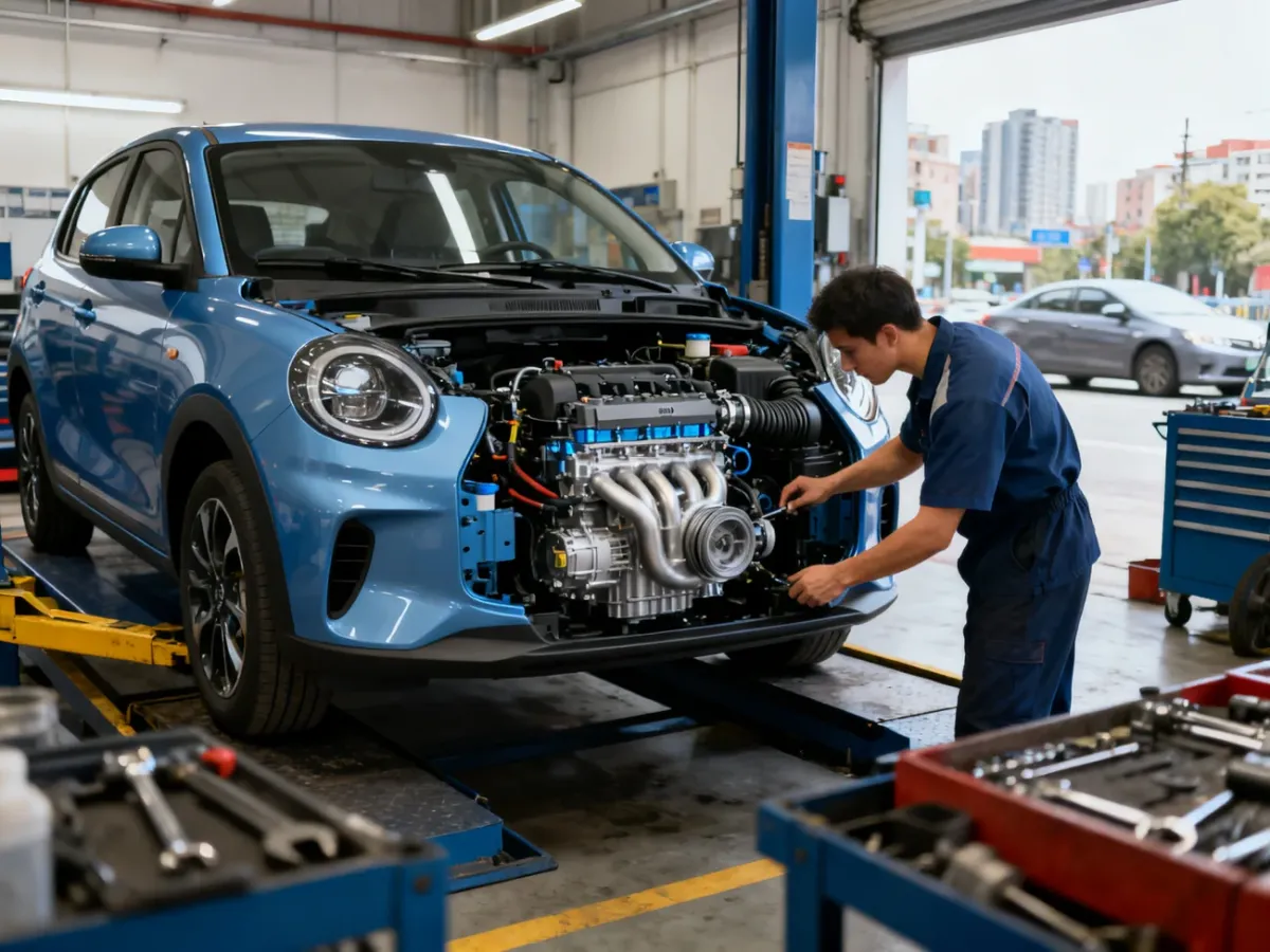 Mechanik sprawdzający nowoczesny silnik benzynowy TSI w samochodzie