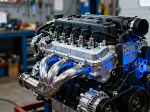 Zbliżenie na mechanizm łańcucha rozrządu w silniku samochodowym w profesjonalnym warsztacie.