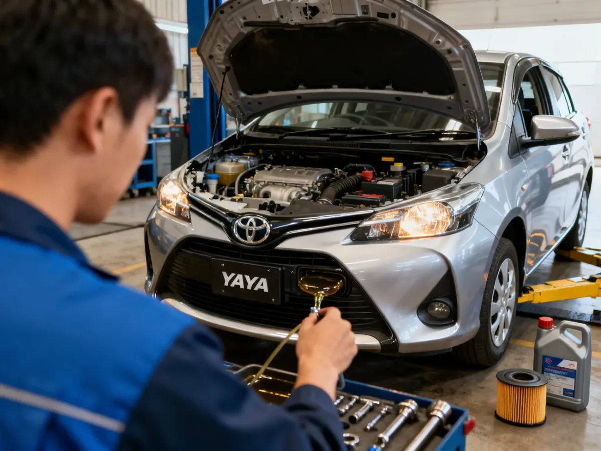 Toyota Yaris podczas sprawdzania oleju silnikowego w warsztacie