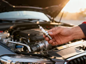 Pomarańczowy Peugeot 2008 zaparkowany na miejskiej ulicy o zachodzie słońca, podkreślający nowoczesny design SUV-a.