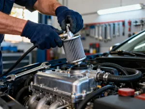 Zbliżenie na pasek rozrządu i elementy mechaniczne silnika 1.5 BlueHDi w profesjonalnym warsztacie samochodowym.