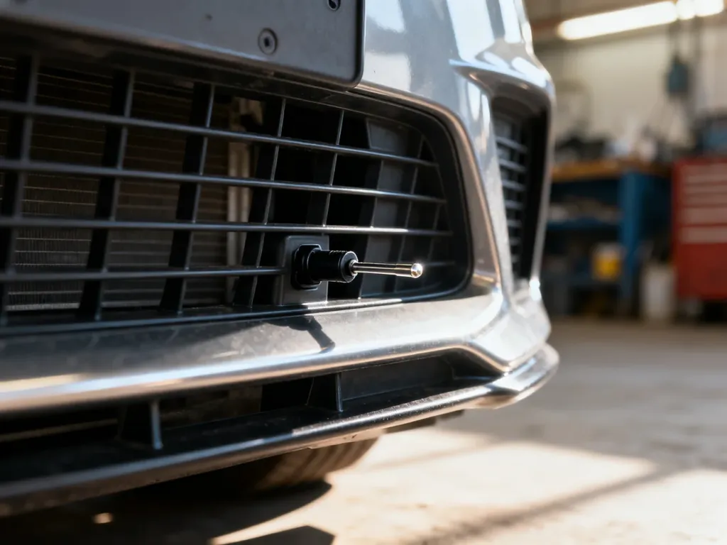 Czujnik temperatury zewnętrznej zamontowany za dolną kratką przedniego zderzaka w BMW e39.