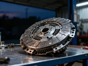 Butelka oleju silnikowego Mannol na industrialnym stole warsztatowym z silnikiem w tle.