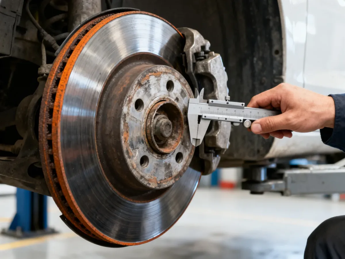 Mechanik mierzący zużycie tarczy hamulcowej przy zdjętym kole