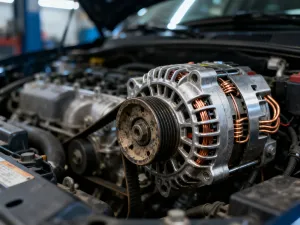 Świecąca na pomarańczowo kontrolka „check engine” na desce rozdzielczej samochodu w wieczornej scenerii.