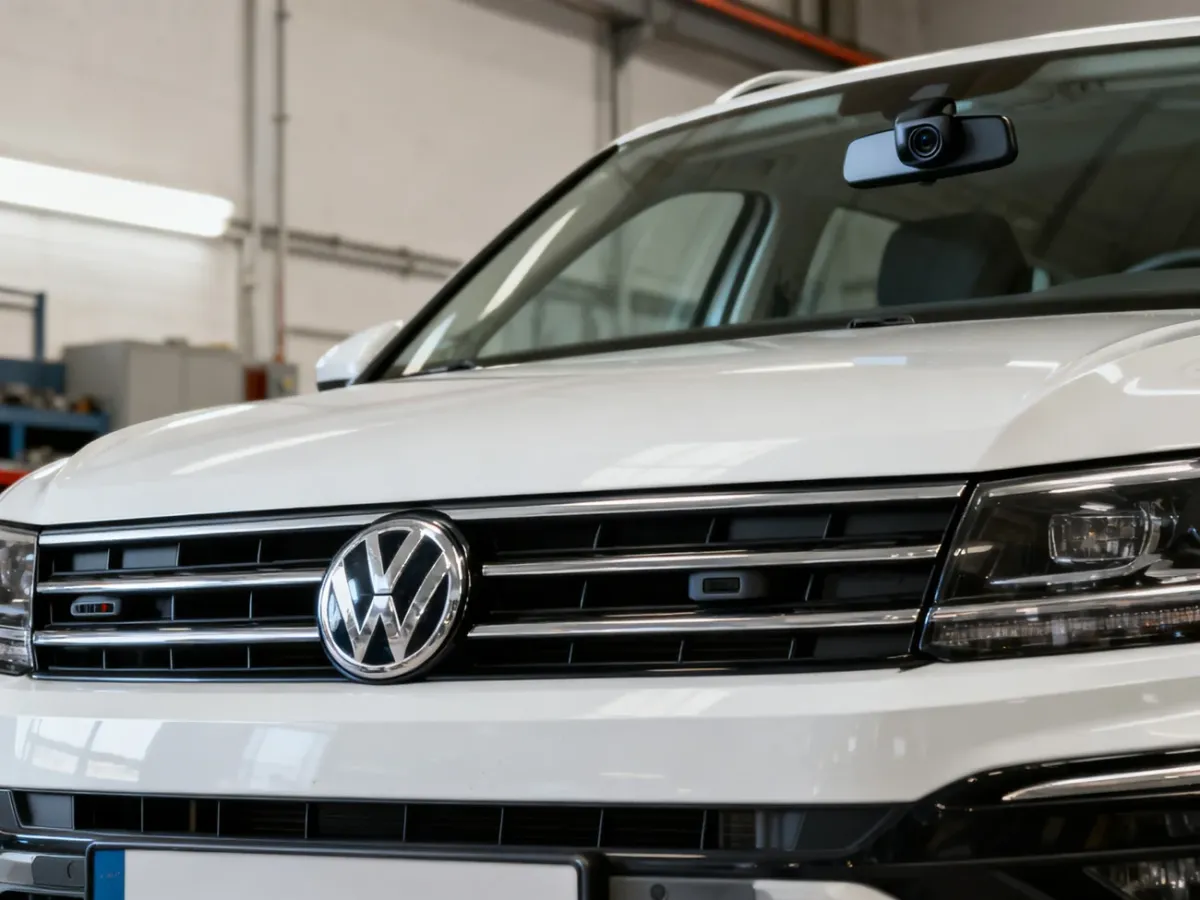Radar behind the Volkswagen grille emblem and camera near the interior rear-view mirror