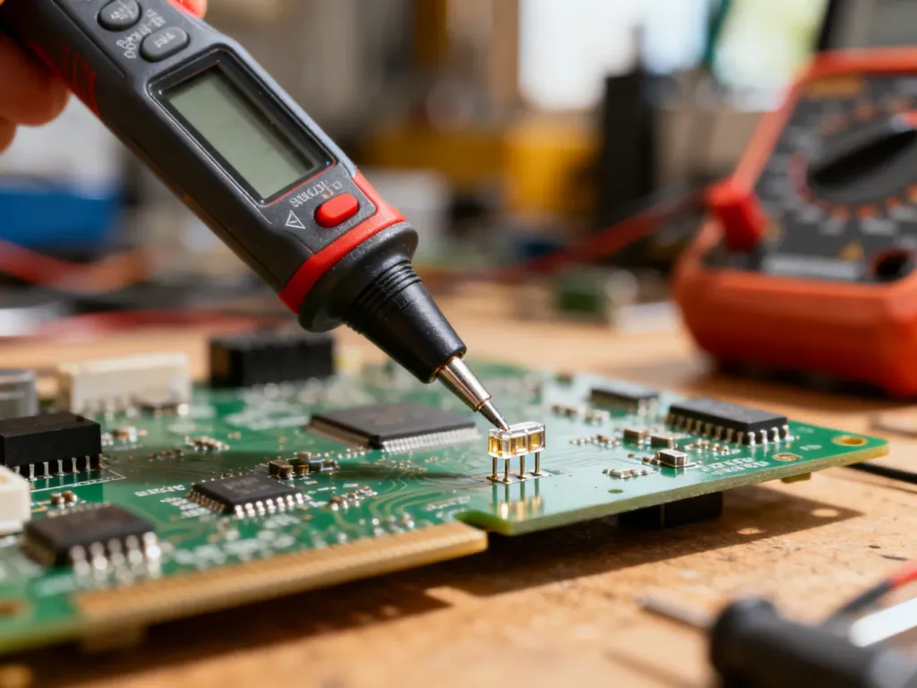 Sonda multimetru dotykająca bezpiecznika SMD na płytce drukowanej podczas procesu diagnostyki elektronicznej.