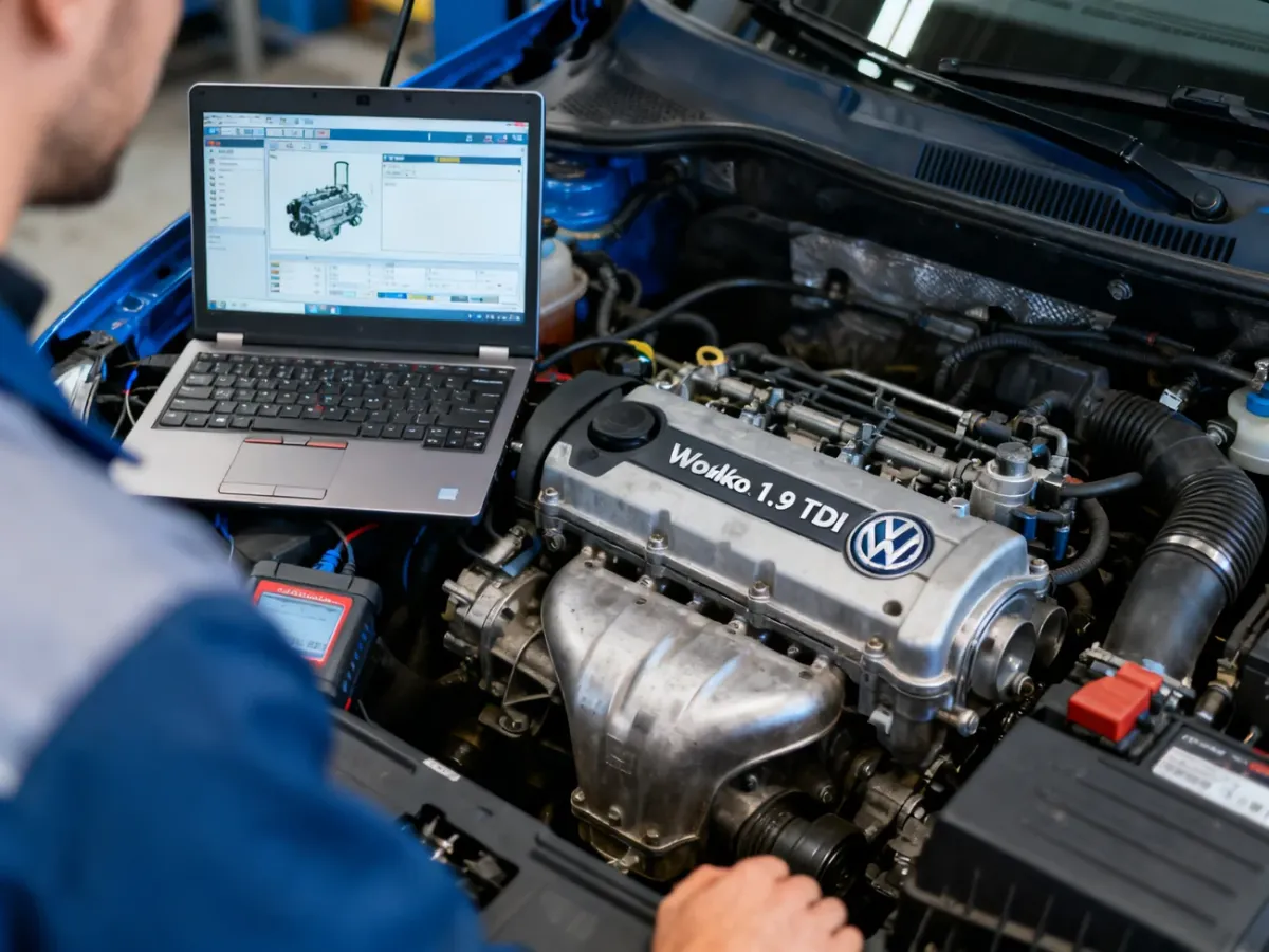 Mechanik sprawdzający kąt wtrysku silnika 1.9 TDI za pomocą laptopa diagnostycznego
