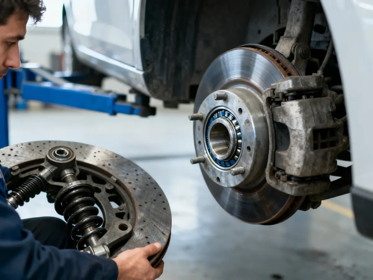 Mechanik sprawdzający łożysko i piastę koła w warsztacie