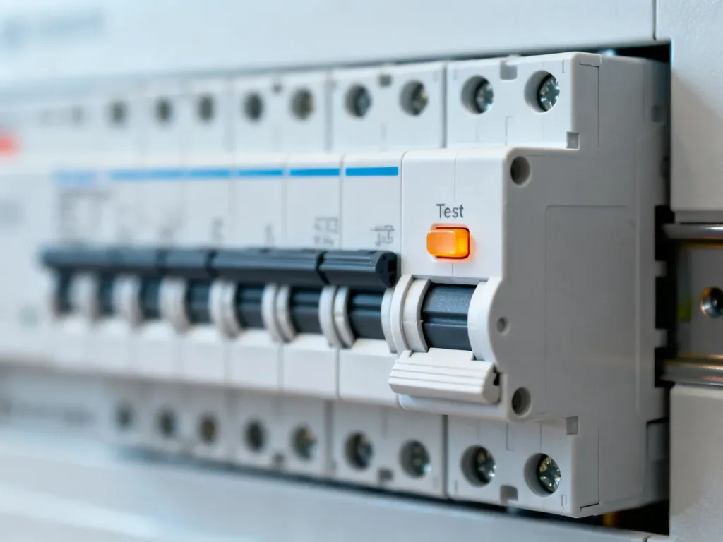 Zbliżenie na nowoczesny wyłącznik różnicowoprądowy z widocznym przyciskiem testowym w domowej rozdzielnicy elektrycznej.